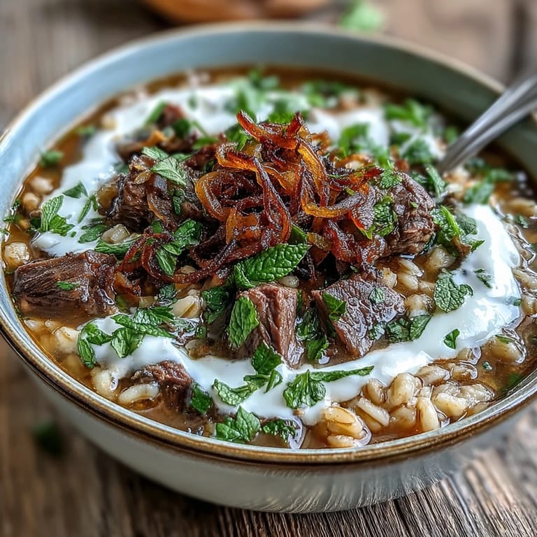 Comforting Persian-inspired beef barley soup, rich with vegetables and wholesome grains.