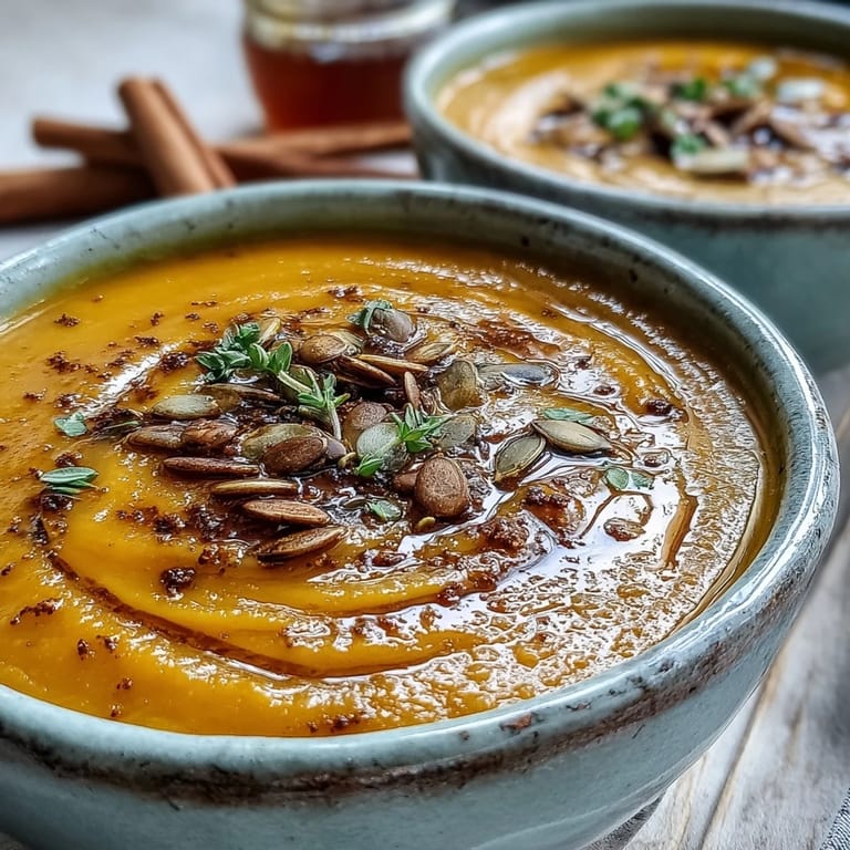 Creamy butternut squash soup, a comforting fall bowl topped with toasted seeds.