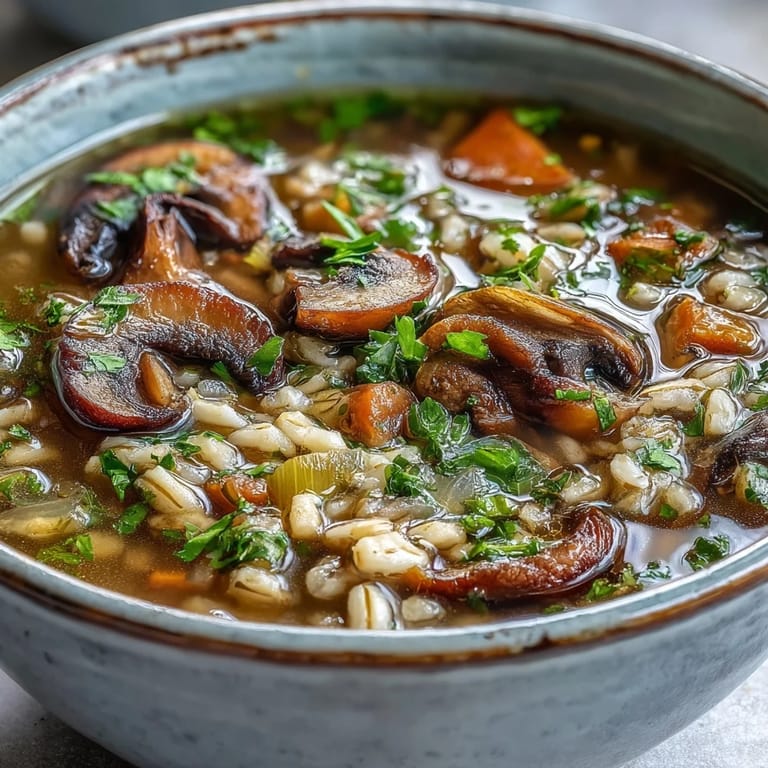 Savory Mushroom Barley Soup, rich with earthy mushrooms, served steaming hot.