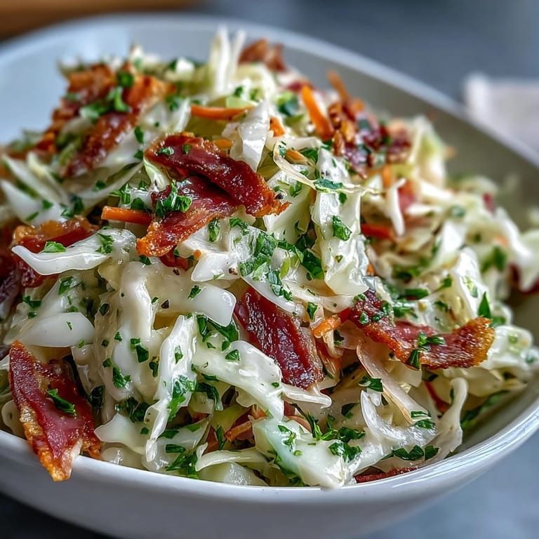 Zesty German cabbage coleslaw with crunchy vegetables and shredded smoked ham, topped with fresh parsley and ready to serve as a vibrant side dish.