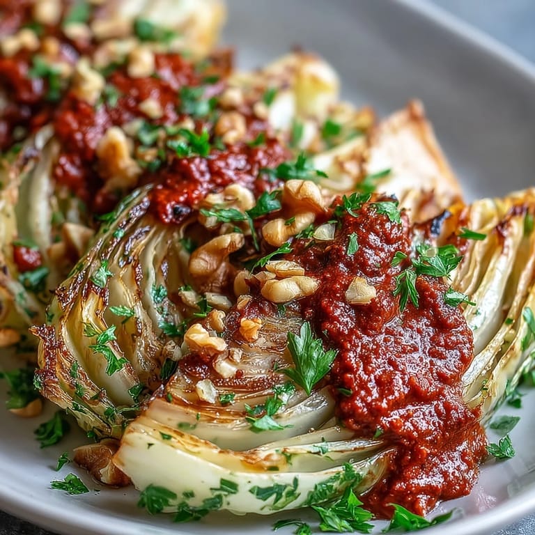 Warm Baked Cabbage Salad With Winter Romesco served on a rustic platter, garnished with lemon wedges for brightness.