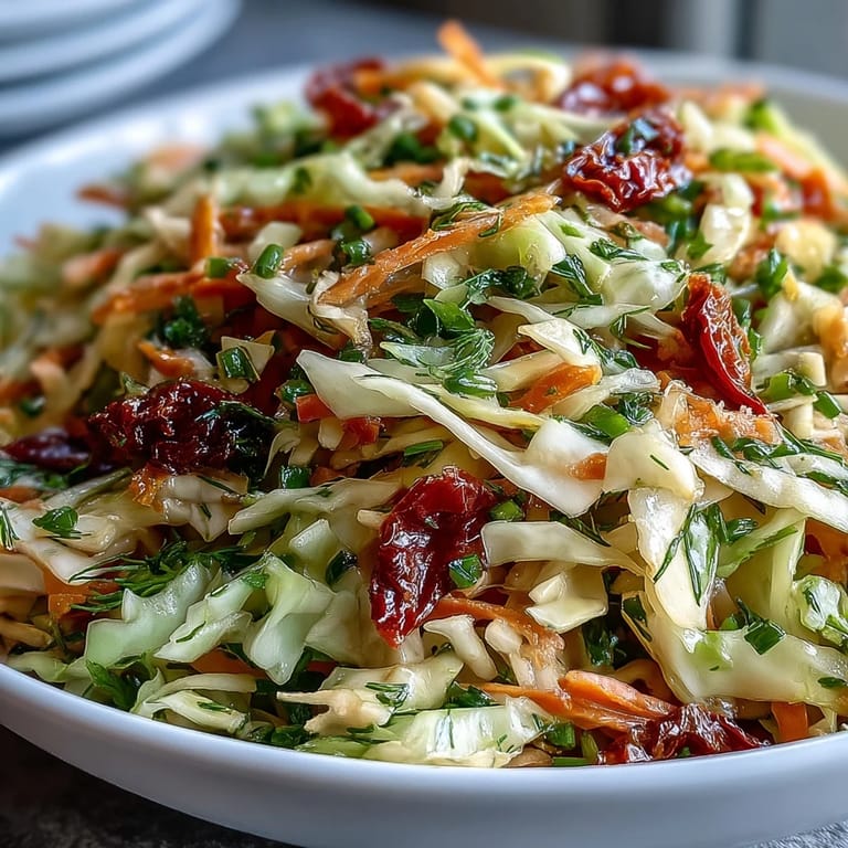 Serve this crisp Cabbage Salad With Sundried Tomatoes as a light lunch or side, topped with sun-dried tomatoes.