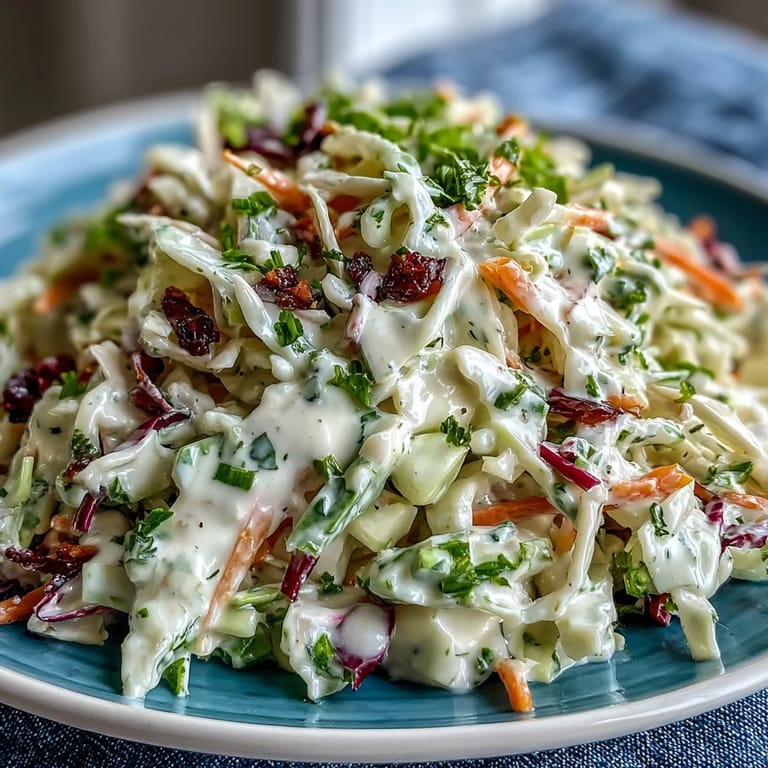 A fresh bowl of Coleslaw With Creamy Dressing, tossed with red onion and celery seed, served chilled.
