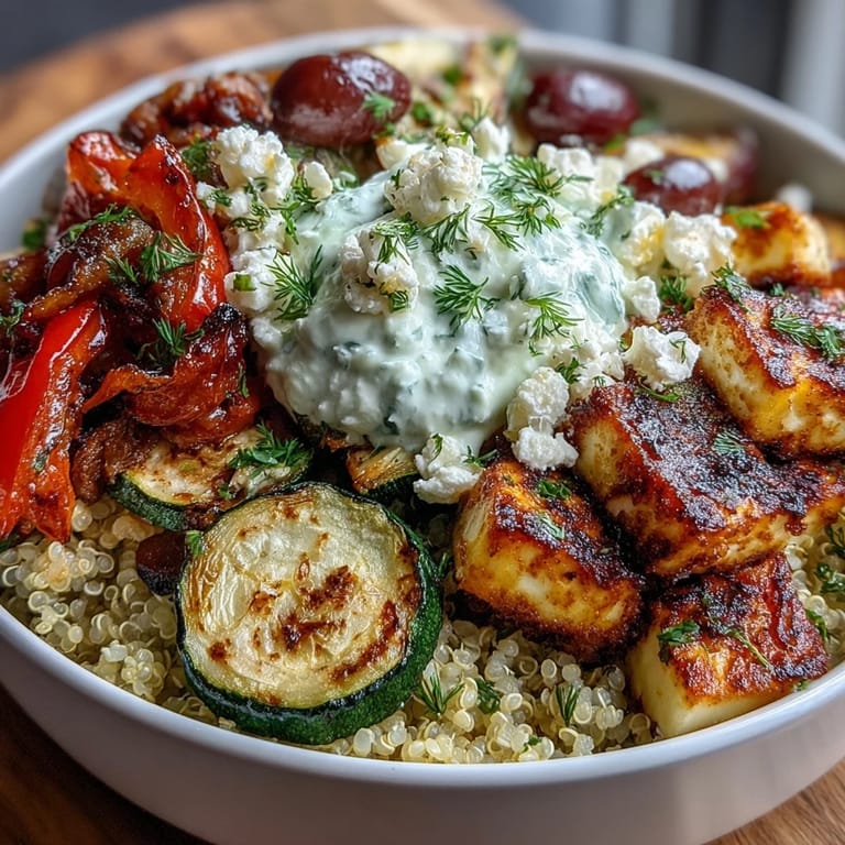 Sizzling chicken rests beside briny olives and feta over quinoa, finished with a cool drizzle of creamy tzatziki sauce.