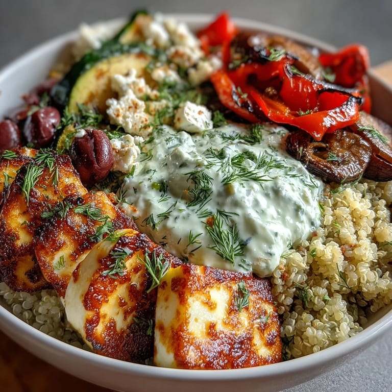Colorful grilled veggies and halloumi top fluffy quinoa, served warm with diced cucumber and a dollop of tangy tzatziki.