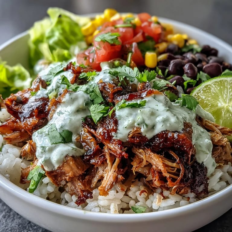 Shredded pork carnitas burrito bowl topped with corn, black beans, and zesty salsa.