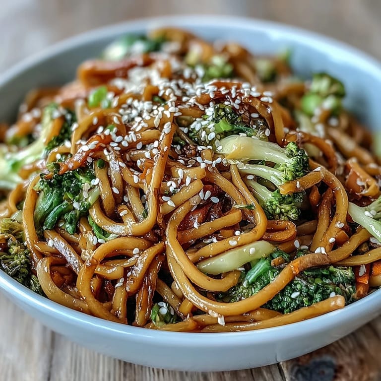 Close-up of steaming Asian Teriyaki Noodle Bowl showing glossy noodles, vibrant orange carrots, and green broccoli florets mixed in a rich homemade teriyaki sauce.