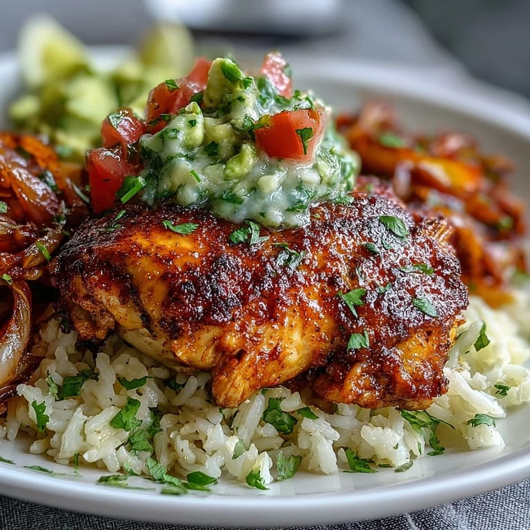 Close-up of Sheet Pan Chicken Tinga Bowl showing juicy chicken thighs, charred vegetables, and creamy avocado salsa.