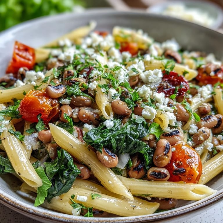 A vibrant serving of Black-Eyed Pea Pasta featuring tender black-eyed peas, fresh herbs, and a sprinkle of red pepper flakes beside a glass of wine.