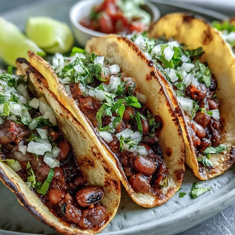 A close-up of freshly assembled Black-Eyed Pea Tacos featuring a chunky, smoky black-eyed pea filling, fresh green cilantro, and white onion, ready to be squeezed with lime juice.