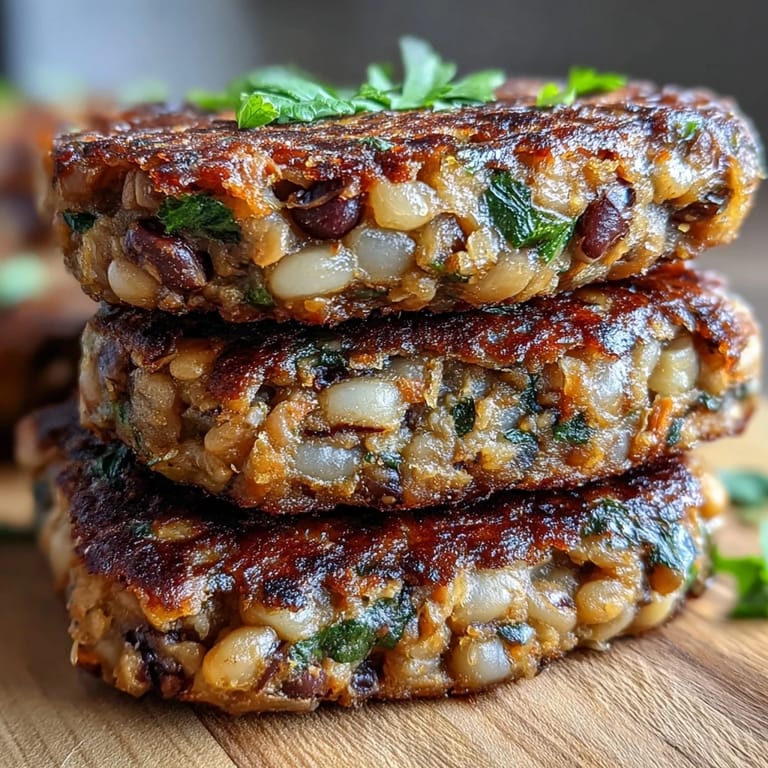 A close-up of a Black-Eyed Pea Burger Patty resting on a ceramic plate, garnished with chopped parsley and a side of crisp sweet potato fries.  