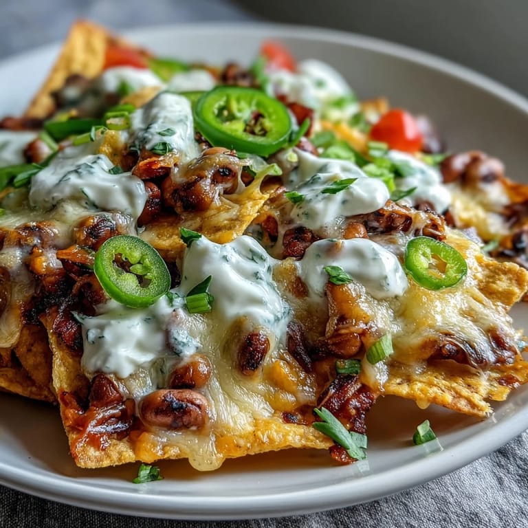 A close-up of crispy tortilla chips topped with black-eyed peas, diced tomatoes, and fresh cilantro for a Southern twist on nachos.