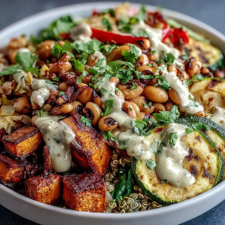 Colorful quinoa and roasted vegetables in a savory Black-Eyed Pea Buddha Bowl garnished with fresh cilantro and sliced avocado.