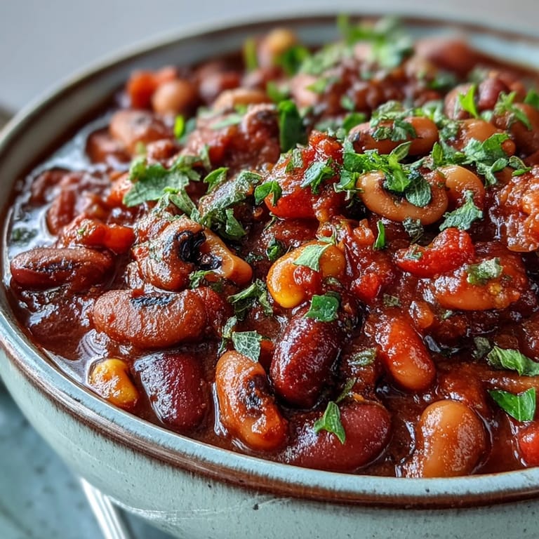 A close-up of simmering Black-Eyed Pea Chili reveals tender black-eyed peas and colorful bell peppers in a rich, spiced tomato broth.  