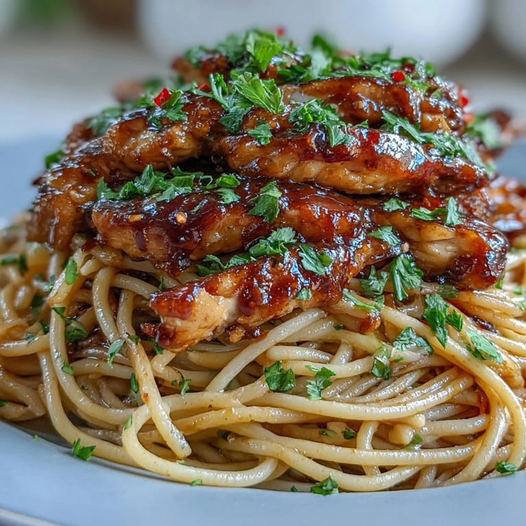 Steaming skillet of Sticky Honey Garlic Chicken Pasta for weeknight dinner, served family-style with a quick 35-minute preparation.