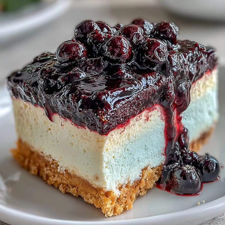 The top view of a Lemon Blueberry Shortbread Mousse Cake highlights fresh blueberries and a rich lemon glaze.