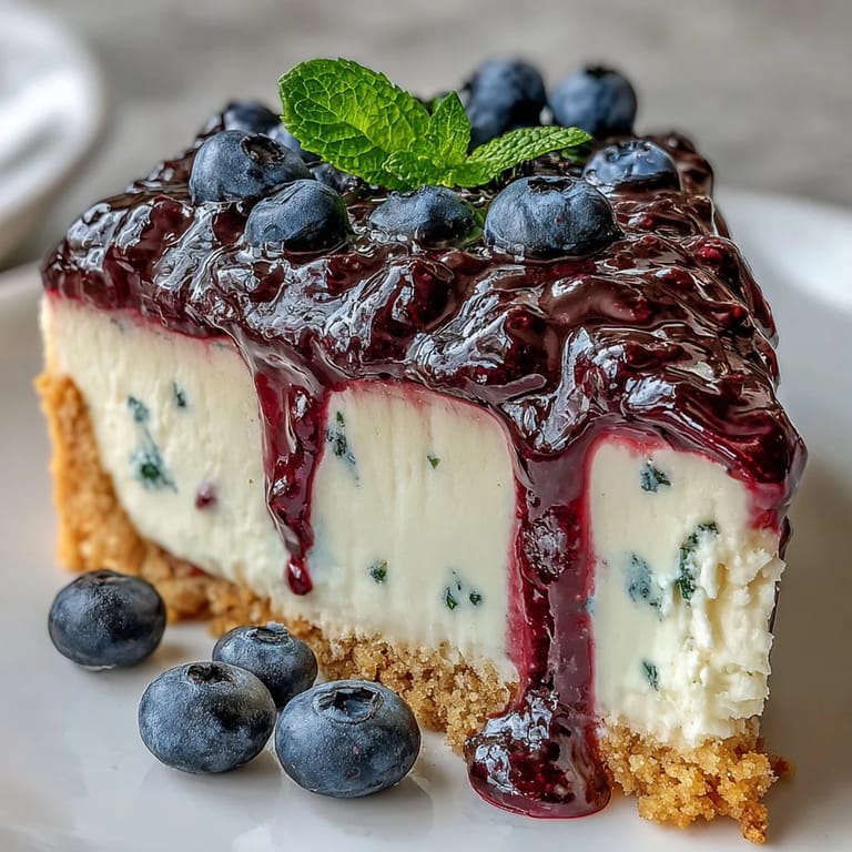 Homemade Lemon Blueberry Shortbread Mousse Cake served chilled on a plate with a dollop of whipped cream.