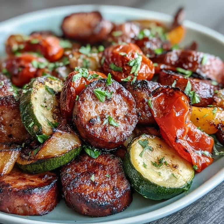 A close-up of Smoky Sheet Pan Sausage & Veggies with Naan shows caramelized onions and peppers next to savory sausage slices.