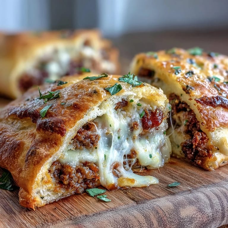 Freshly baked Baked High-Protein Pepperoni Stromboli on a wooden board, served with a small bowl of warm marinara dipping sauce.