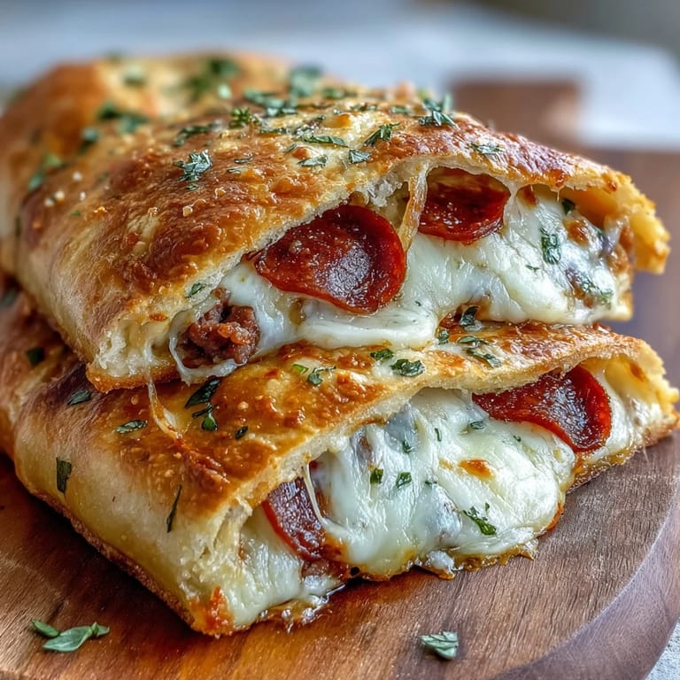 Rustic Baked High-Protein Pepperoni Stromboli topped with golden crust and herbs, resting on parchment paper straight from the oven.