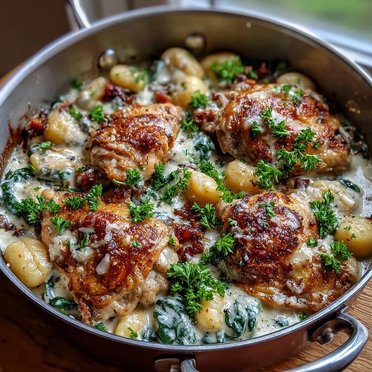 Tender chicken, gnocchi, and fresh spinach sit in a luscious garlic cream sauce, garnished with parsley and extra Parmesan cheese.