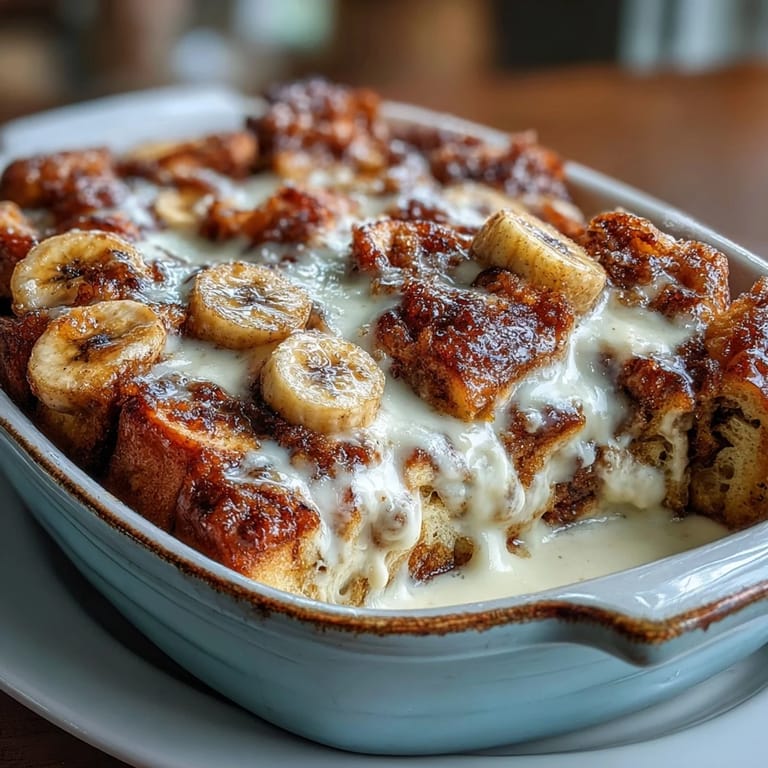 Slices of Cream Cheese Swirl Cinnamon Roll French Toast Bake are drizzled with maple syrup, revealing a moist brioche and banana crumb.