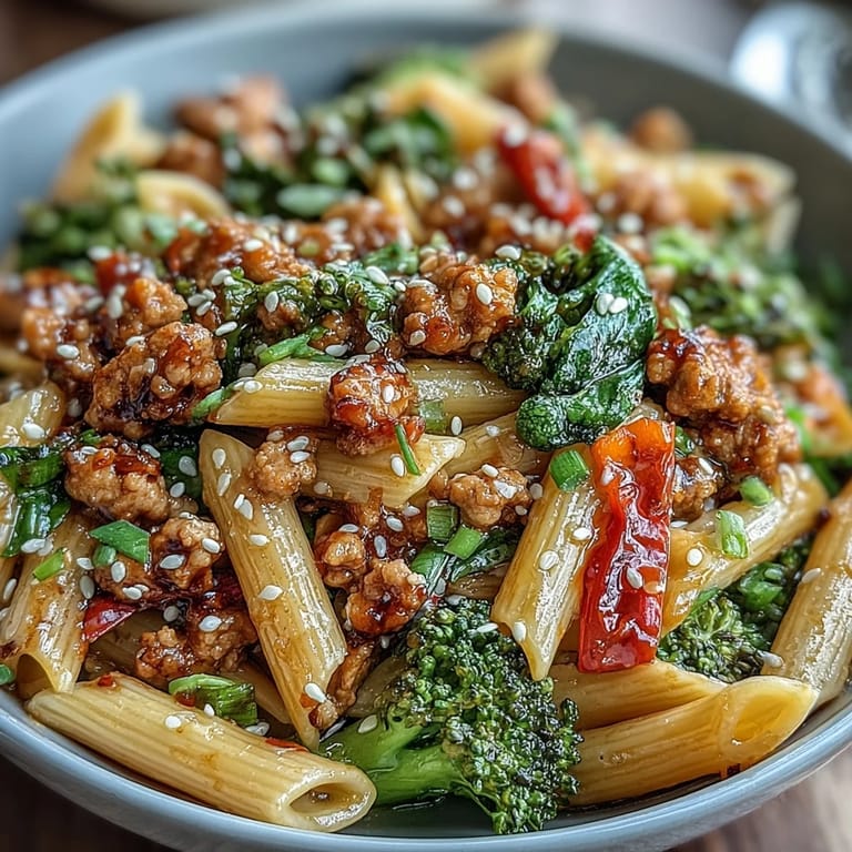 Plated Sweet & Spicy Turkey Broccoli Pasta topped with green onions and fresh herbs, a vibrant weeknight dinner ready to enjoy.