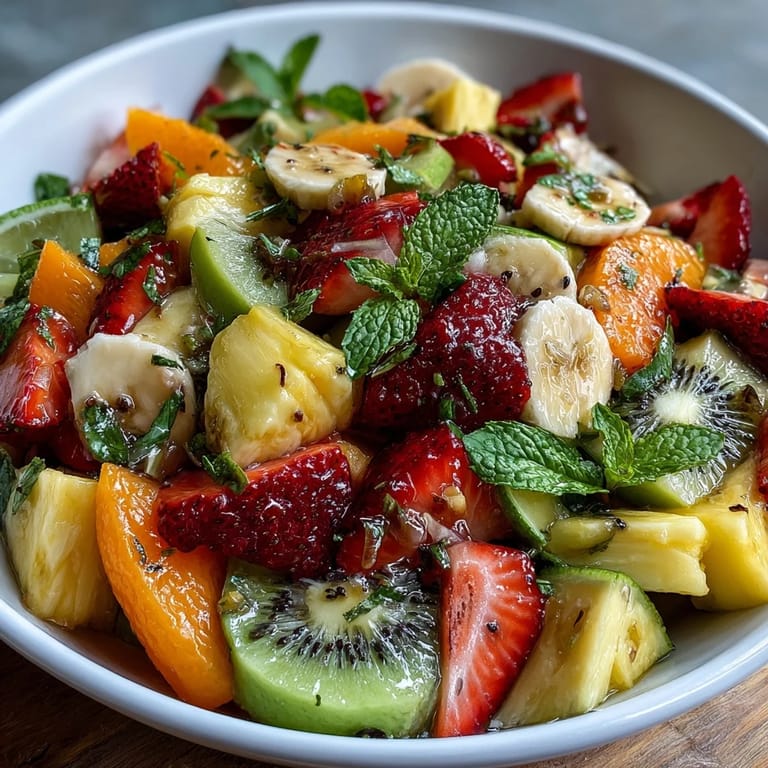 A close-up of Tropical Fruit Salad with Mint Lime Dressing showing sliced bananas and strawberries, drizzled with zesty citrus dressing.