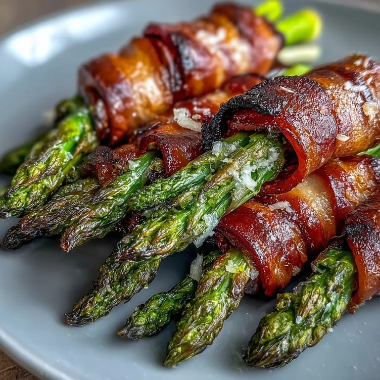 Crispy bacon slices wrapped around tender asparagus spears, drizzled in olive oil and topped with melted Parmesan.