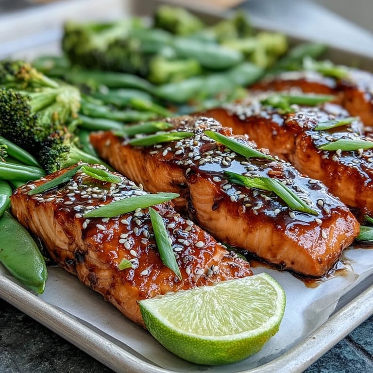 Aromatic steam rises from the caramelized Sheet Pan Teriyaki Salmon, perfectly roasted with crisp vegetables on a dark pan.