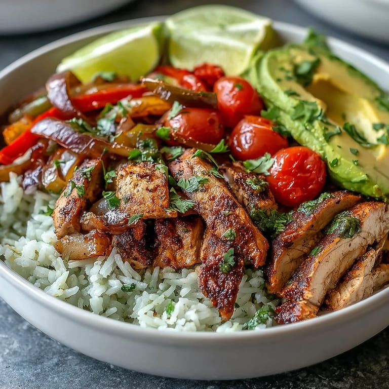 Tender chicken strips and sautéed vegetables atop zesty Cilantro-Lime Rice in this Skinny Chicken Fajita Meal Prep Bowl.