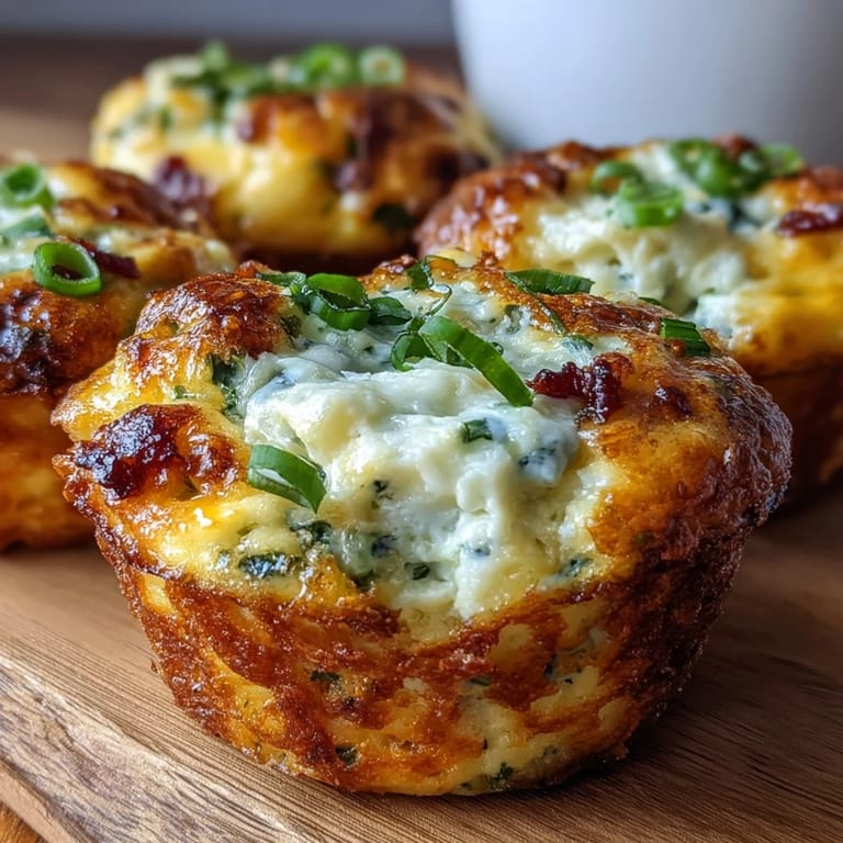 Perfectly portioned Keto Jalapeño Cheddar Egg Cups offer a savory, low-carb breakfast, garnished with green onions and served warm on a wooden board.