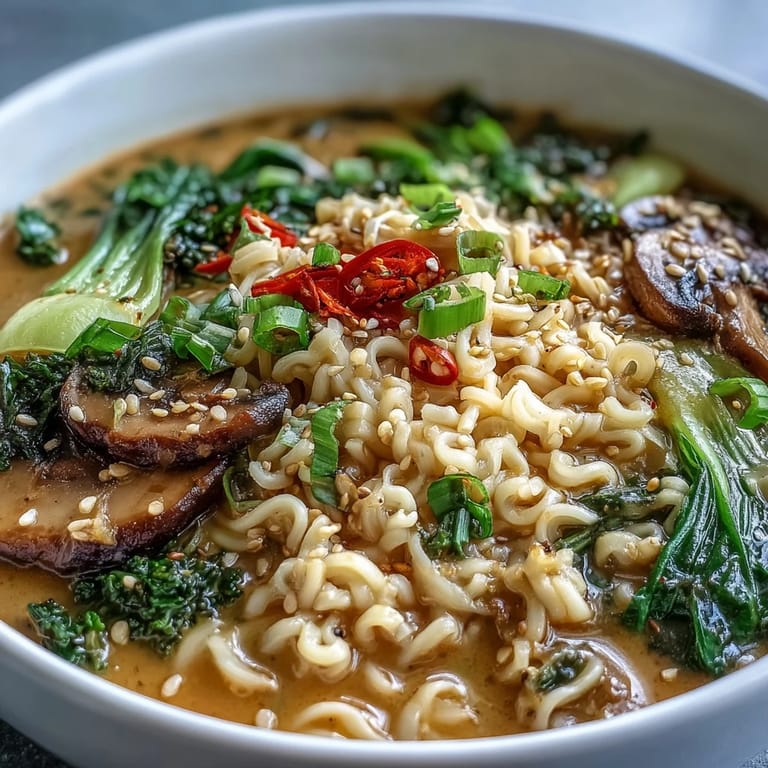 Creamy Vegan Coconut Curry Ramen topped with tender bok choy, sliced mushrooms, and red chili slices, served with lime.