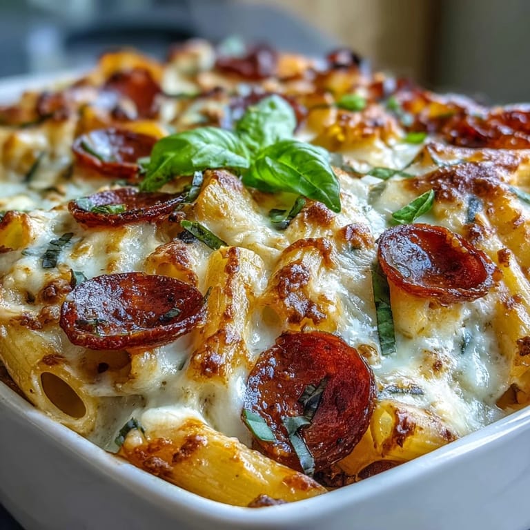 A savory blend of pasta, ground beef, and turkey pepperoni in a cheesy Greek yogurt sauce, topped with melted mozzarella.  