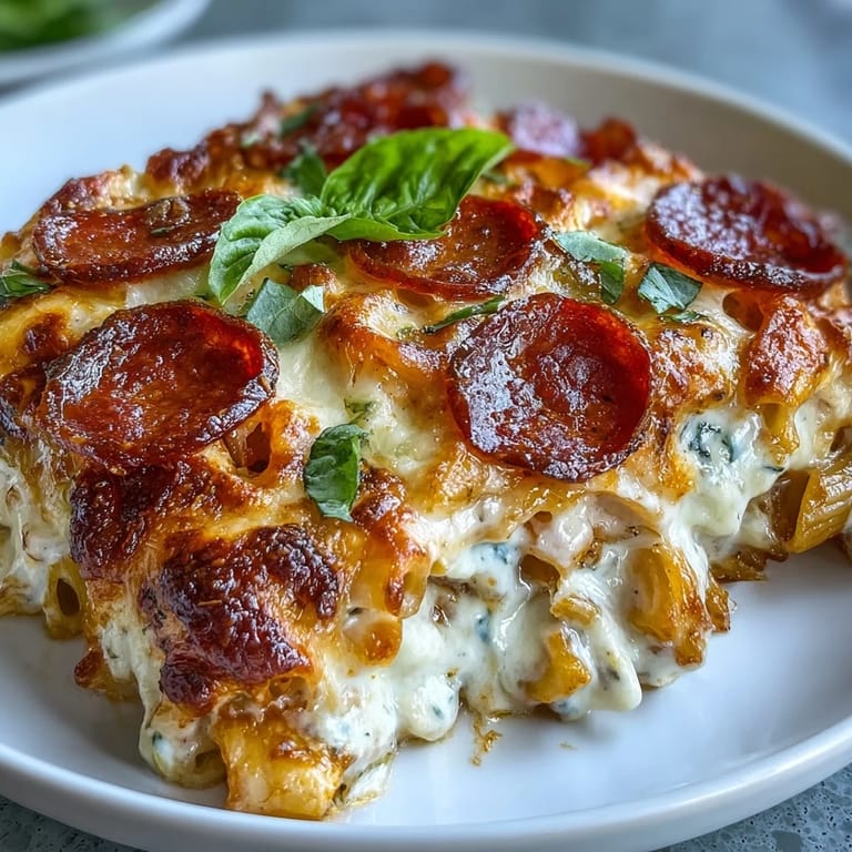 Comforting pizza pasta bake featuring high-protein penne, zesty marinara, and melty cheese, perfect for a hearty family dinner.