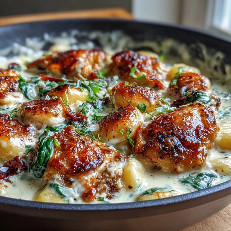 One-pan garlic chicken gnocchi dinner with golden seared chicken and pillowy gnocchi in creamy sauce.  