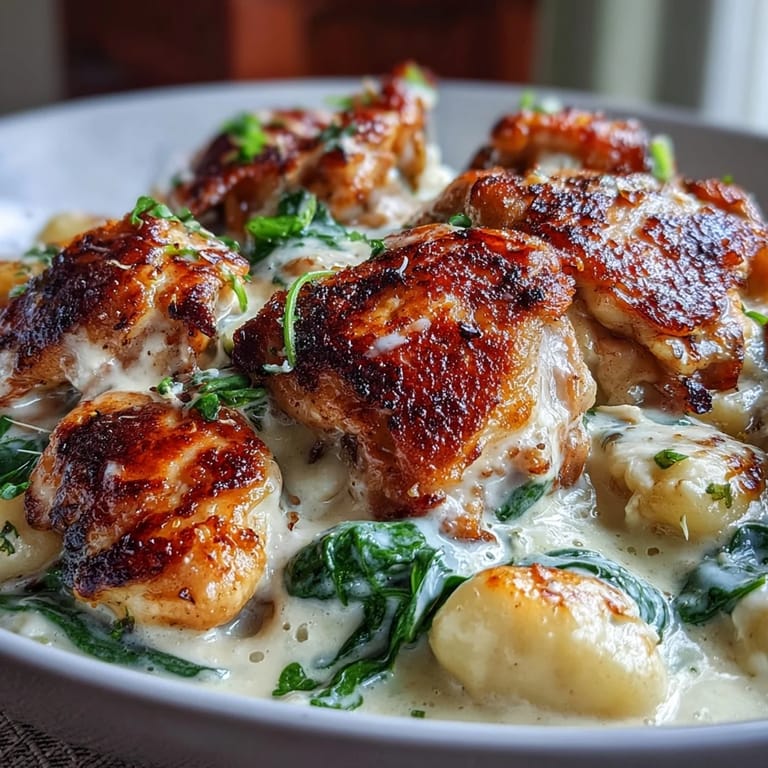 Easy one-pan creamy garlic chicken gnocchi with fresh spinach and Parmesan, baked to perfection.