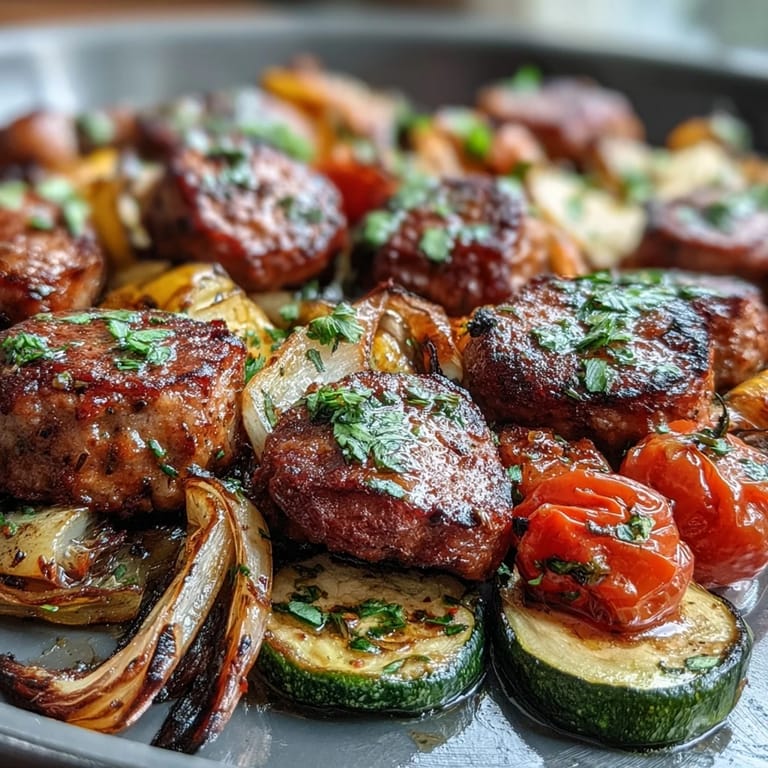 Colorful roasted sausage and vegetables served with buttery garlic naan for a hearty, smoky dinner.  