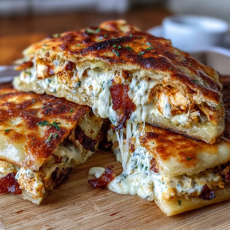 Crispy bacon and creamy ranch chicken ooze from golden naan bread, delivering a cheesy, flavor-packed handheld meal.