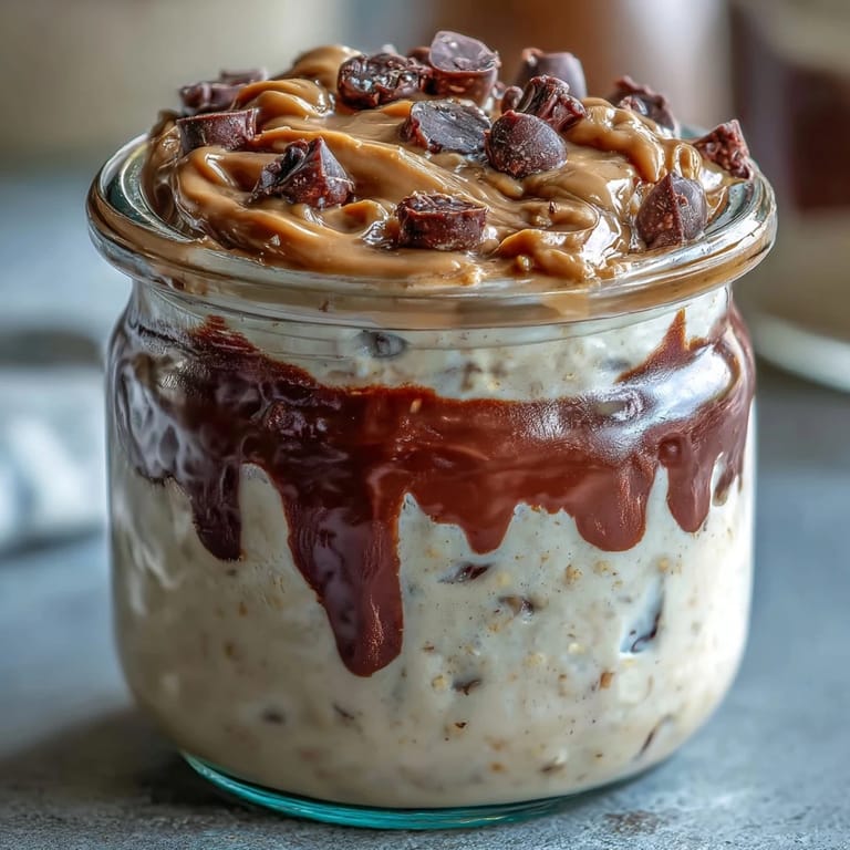 High-protein peanut butter cup overnight oats topped with chopped peanuts and chocolate chips for a satisfying, healthy breakfast treat.