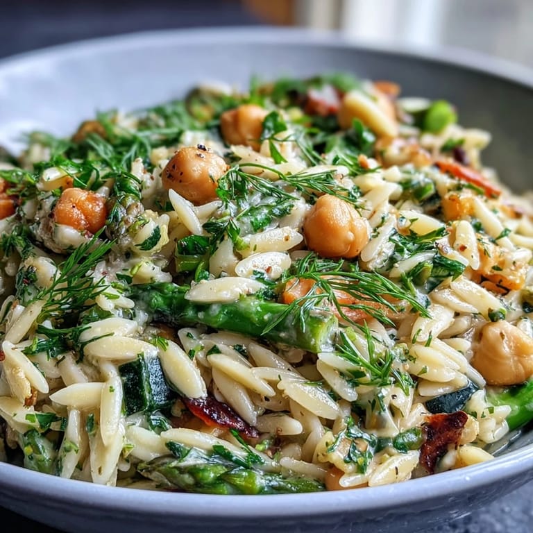 Hearty vegetarian one-pot meal featuring orzo pasta, chickpeas, and seasonal veggies, finished with bright lemon and aromatic herbs.