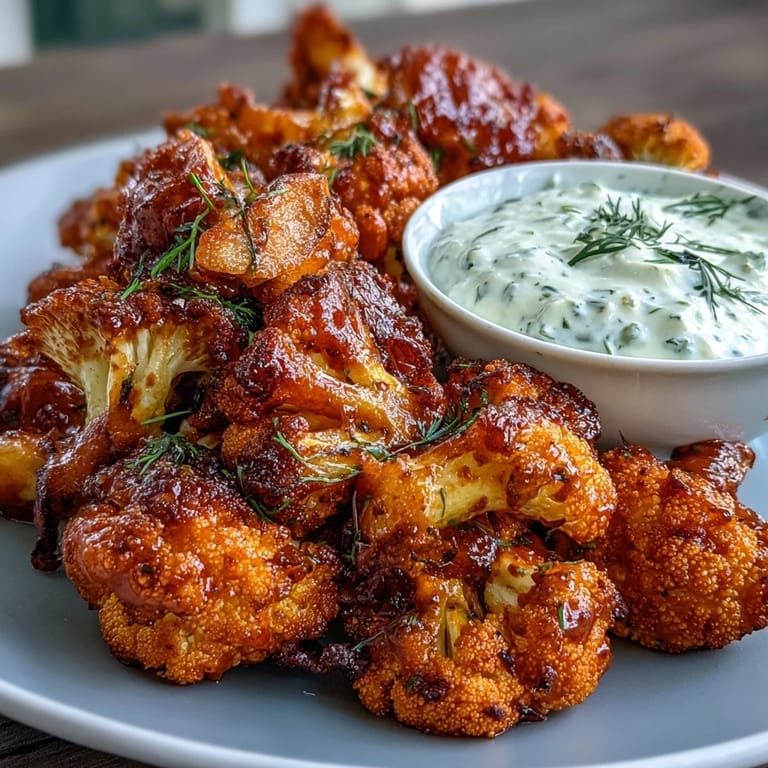 Golden-brown cauliflower bites coated in buttery buffalo sauce, paired with a refreshing homemade ranch yogurt dip—perfect for low-carb snacking.  