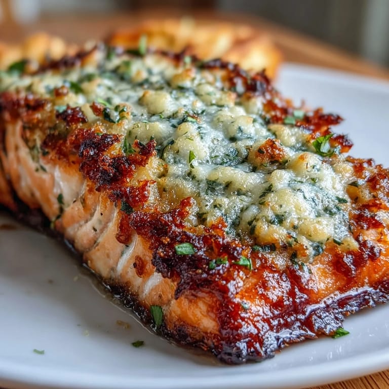 Flavorful keto salmon dish with rich garlic-parmesan topping, paired with perfectly roasted broccoli florets and citrusy lemon wedges for a wholesome meal.