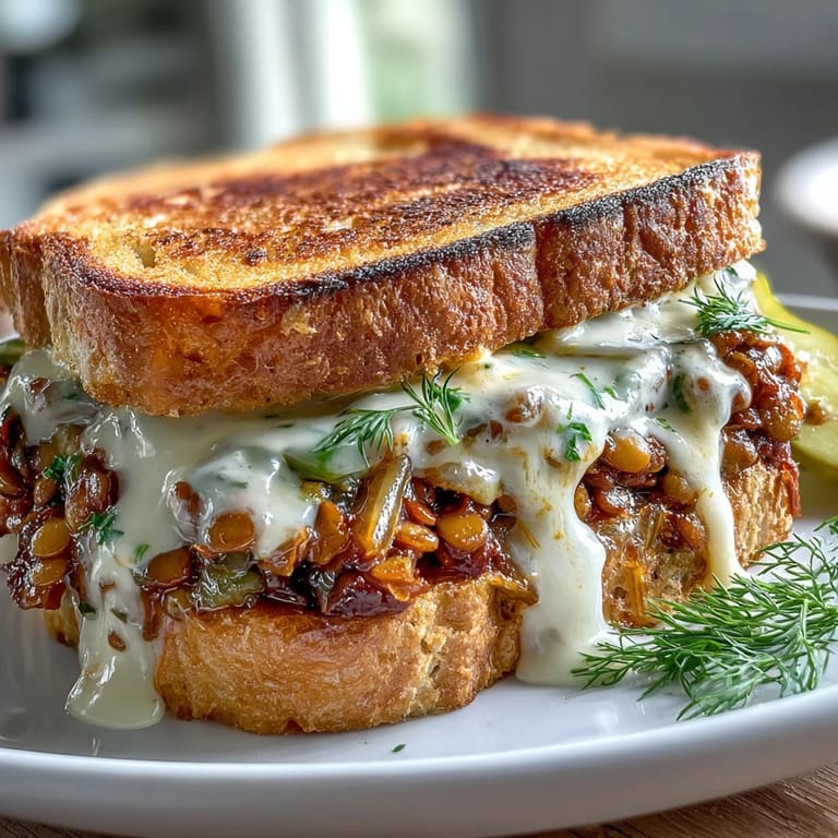 Savory lentil sloppy joe mixture with smoky spices piled on golden toasted sourdough and drizzled with luscious vegan cheese sauce.  