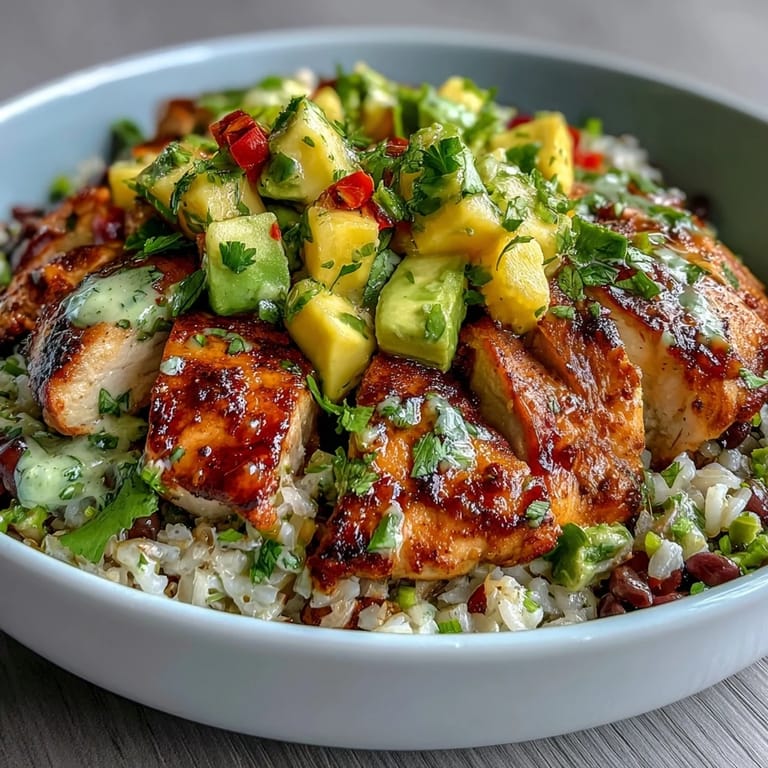 Mango Avocado Salsa Chicken Bowls with Brown Rice and Black Beans: Fresh, zesty dish combining smoky grilled chicken, bright mango-avocado salsa, and savory black beans atop a bed of nutty brown rice.
