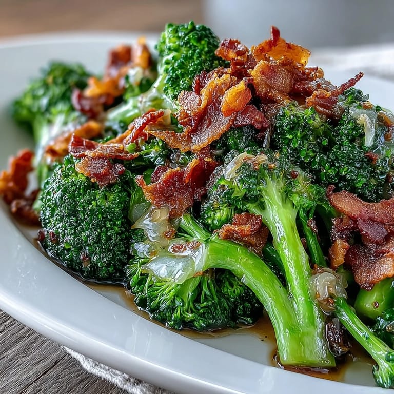 Savory garlic sauce coats fresh broccoli, enhanced with crispy bacon for a flavorful and hearty Asian-inspired side.