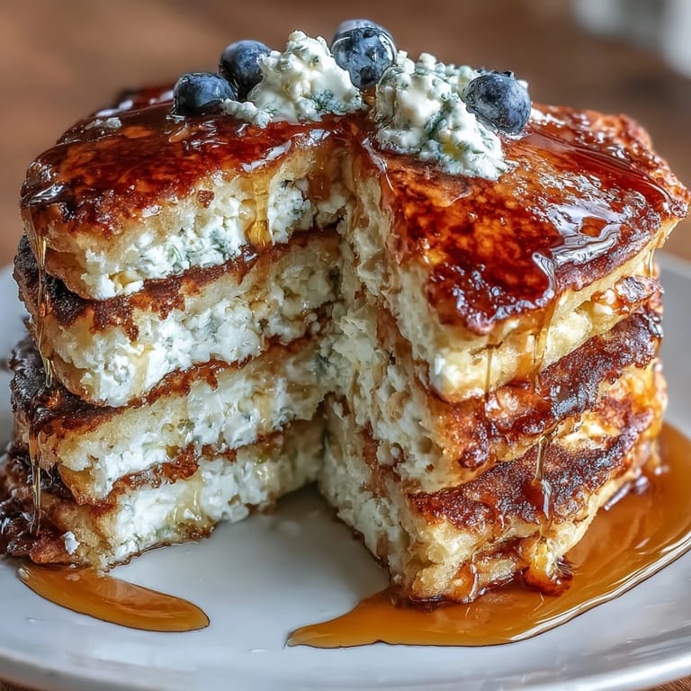 Golden-brown cottage cheese pancakes sizzling on a skillet, served with yogurt and sliced bananas.  
