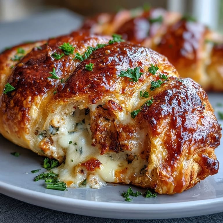 Flaky crescent dough pillows stuffed with seasoned chicken and melted mozzarella, drizzled with savory garlic Parmesan butter.