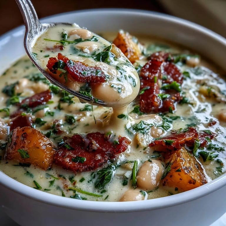 Creamy white bean soup with savory ham, carrots, and celery, garnished with fresh parsley and cracked black pepper.