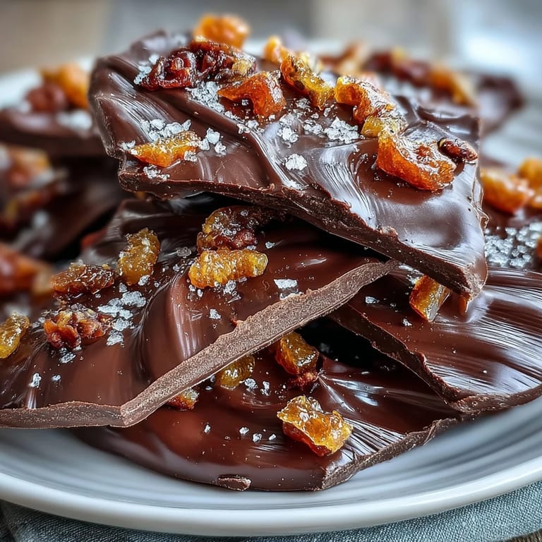 Rich bittersweet dark chocolate bark studded with colorful candied orange peel, topped with crunchy pistachios and freeze-dried raspberries.  